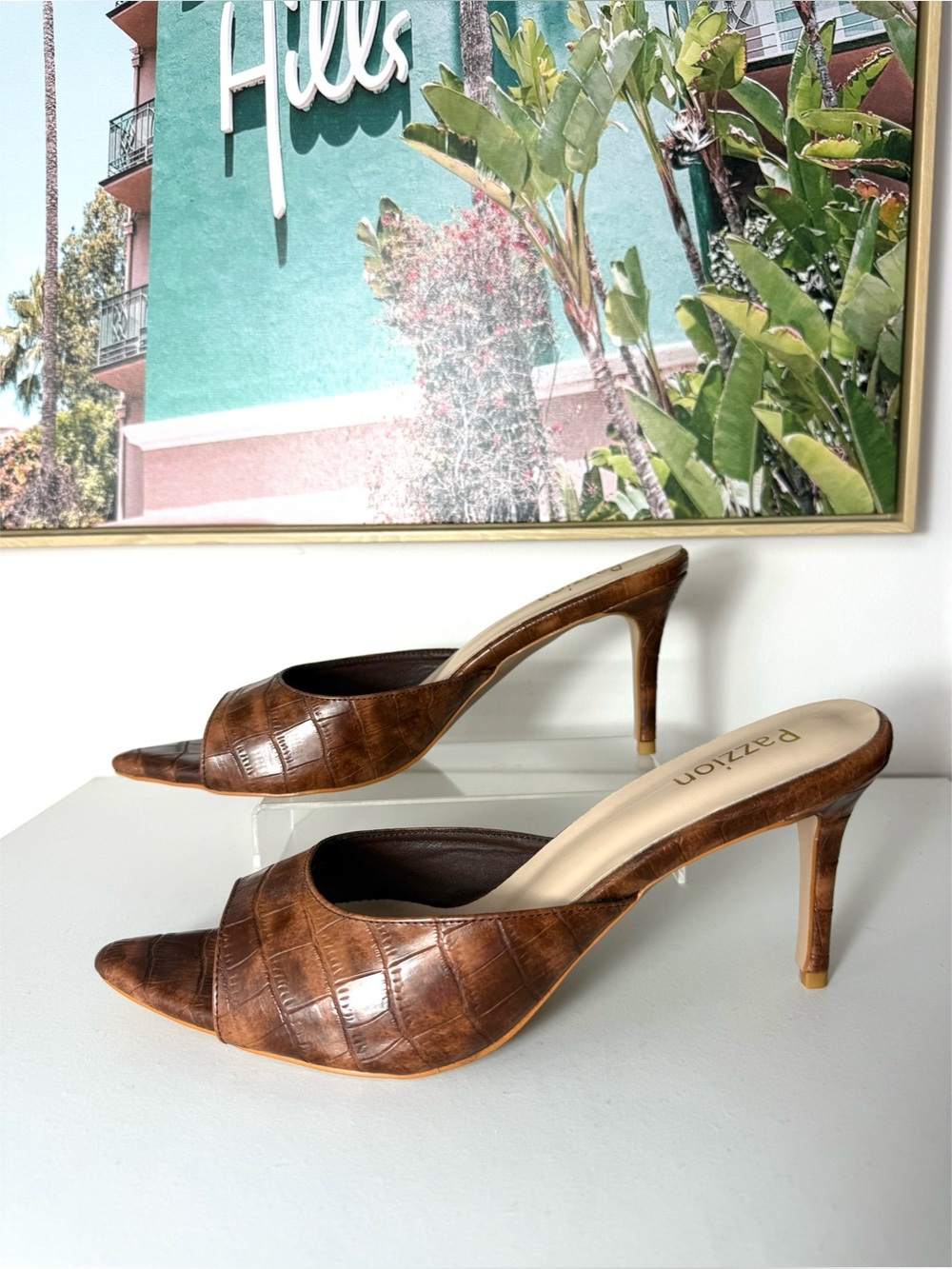 Pazzion Brown Crocodile Embossed Stiletto Mule Heels Open Toe Size 11 3.5in